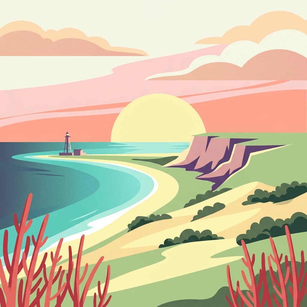 Illustration of coastal landscape featuring lighthouse on small island, sandy beach, turquoise water, cliffs, and sunset sky