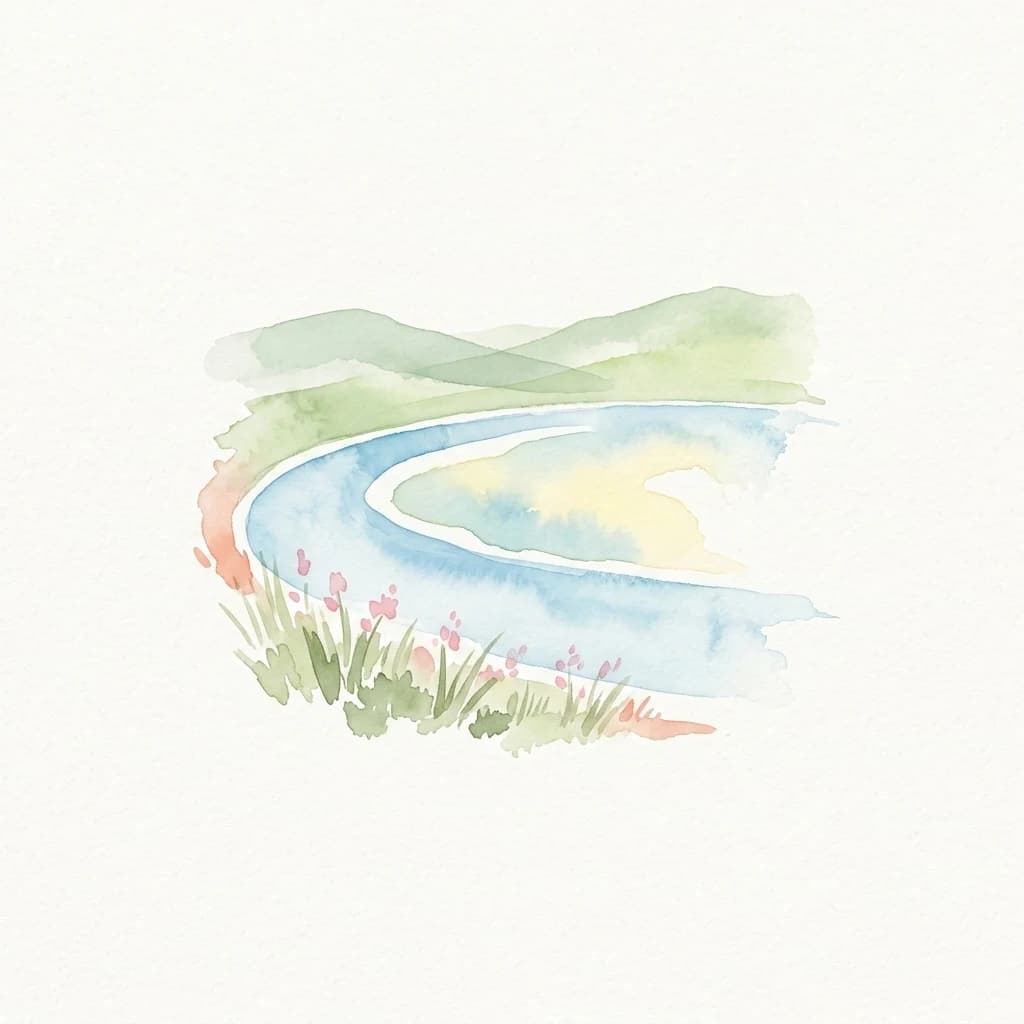 Watercolor painting of a blue river meandering through a landscape with green hills, grass, and pink wildflowers
