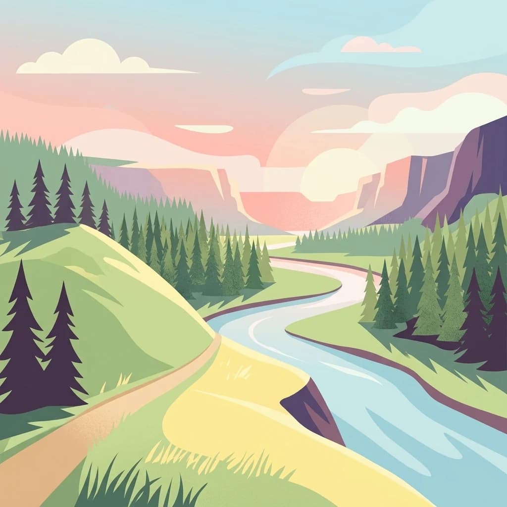Illustrated landscape showing a winding river through green hills and pine forests with mountains and clouds in the background