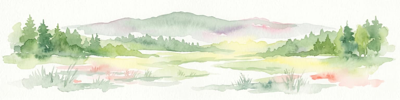 Ilustración acuarela que muestra un paisaje con bosques, un río y colinas distantes