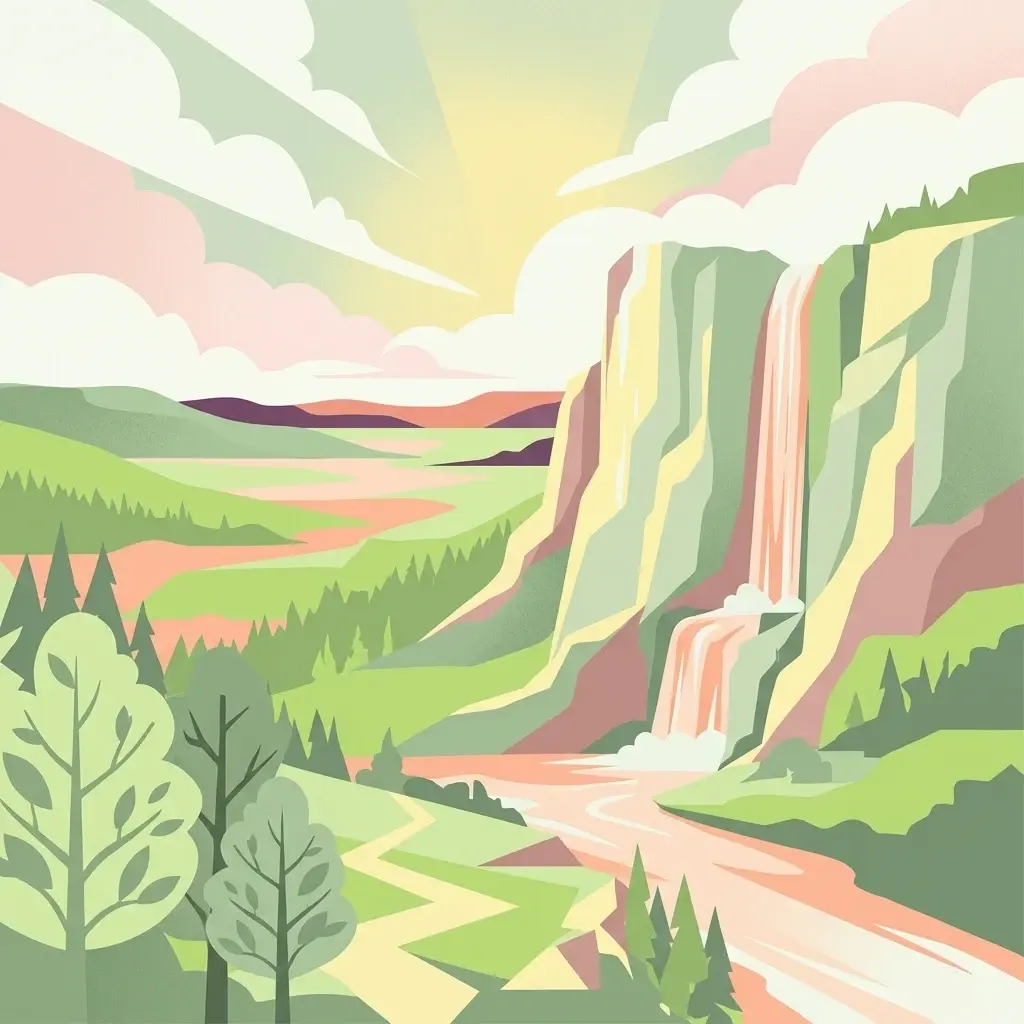 Una ilustración digital estilizada que muestra un valle con una cascada que cae desde un acantilado rocoso, colinas verdes, pinos y un cielo soleado con nubes.