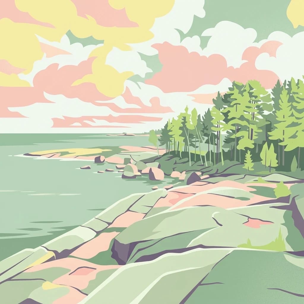 Illustration showing a rocky shoreline with trees and water under colorful sky