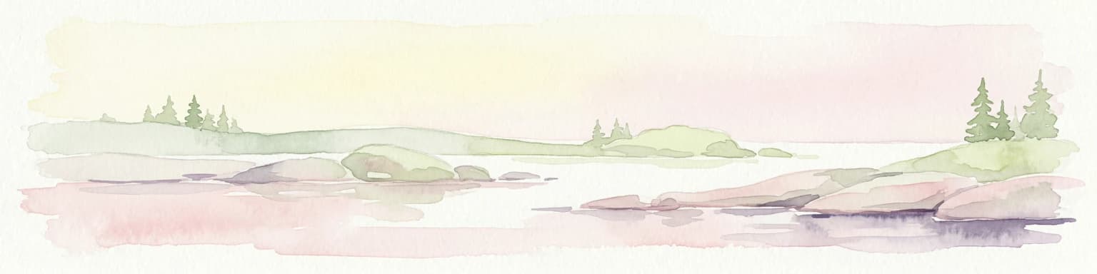 Watercolor painting of a coastal scene with islands, rocky shores, and scattered trees under a pale sky