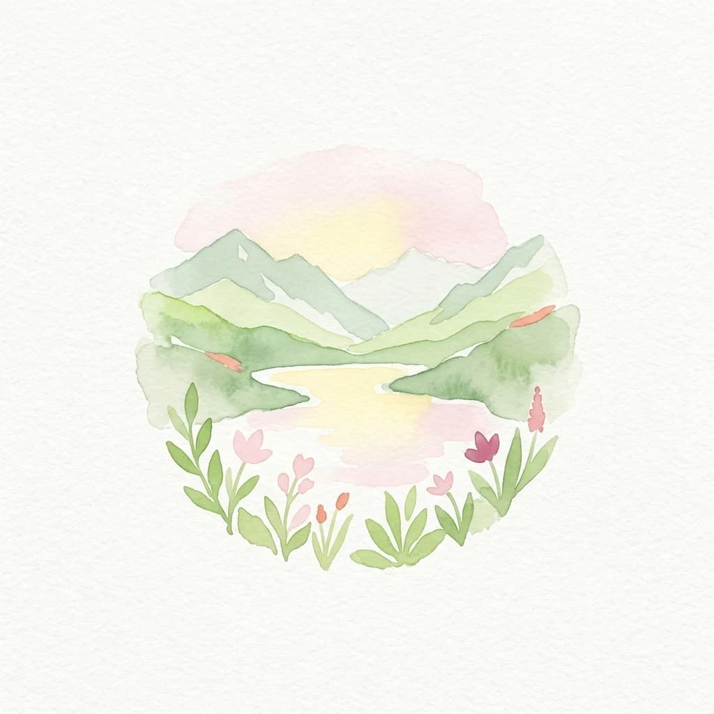 Watercolor illustration of mountain peaks, a lake, and wildflowers