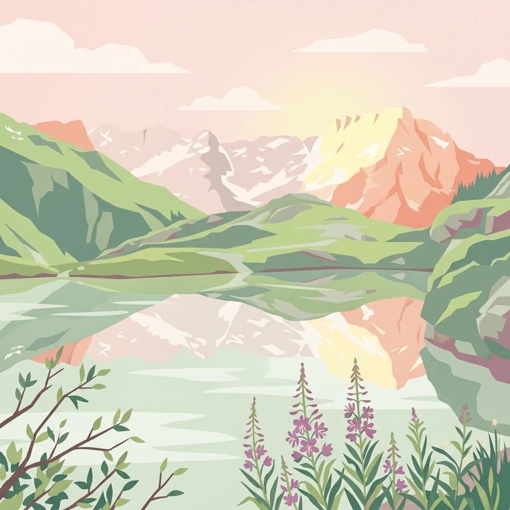 Stylized illustration showing mountain landscape with lake reflecting peaks, green hills, purple flowers in foreground, and pink sky
