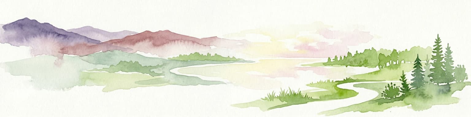 Watercolor illustration showing mountains, a winding river, and pine trees in a landscape