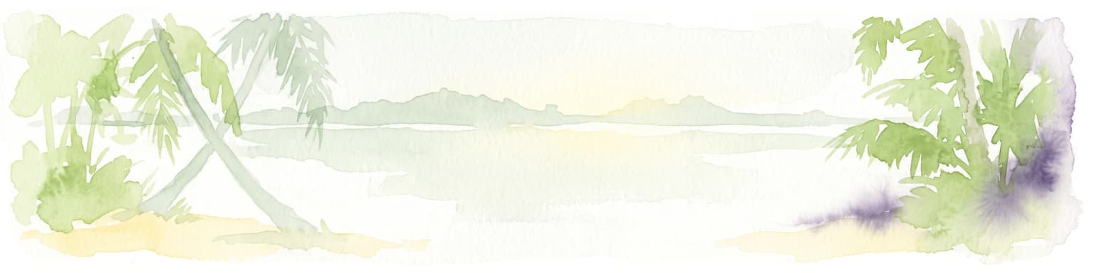 Ilustración en acuarela de una escena de laguna tropical con palmeras en las orillas, agua en calma y una costa lejana y brumosa.