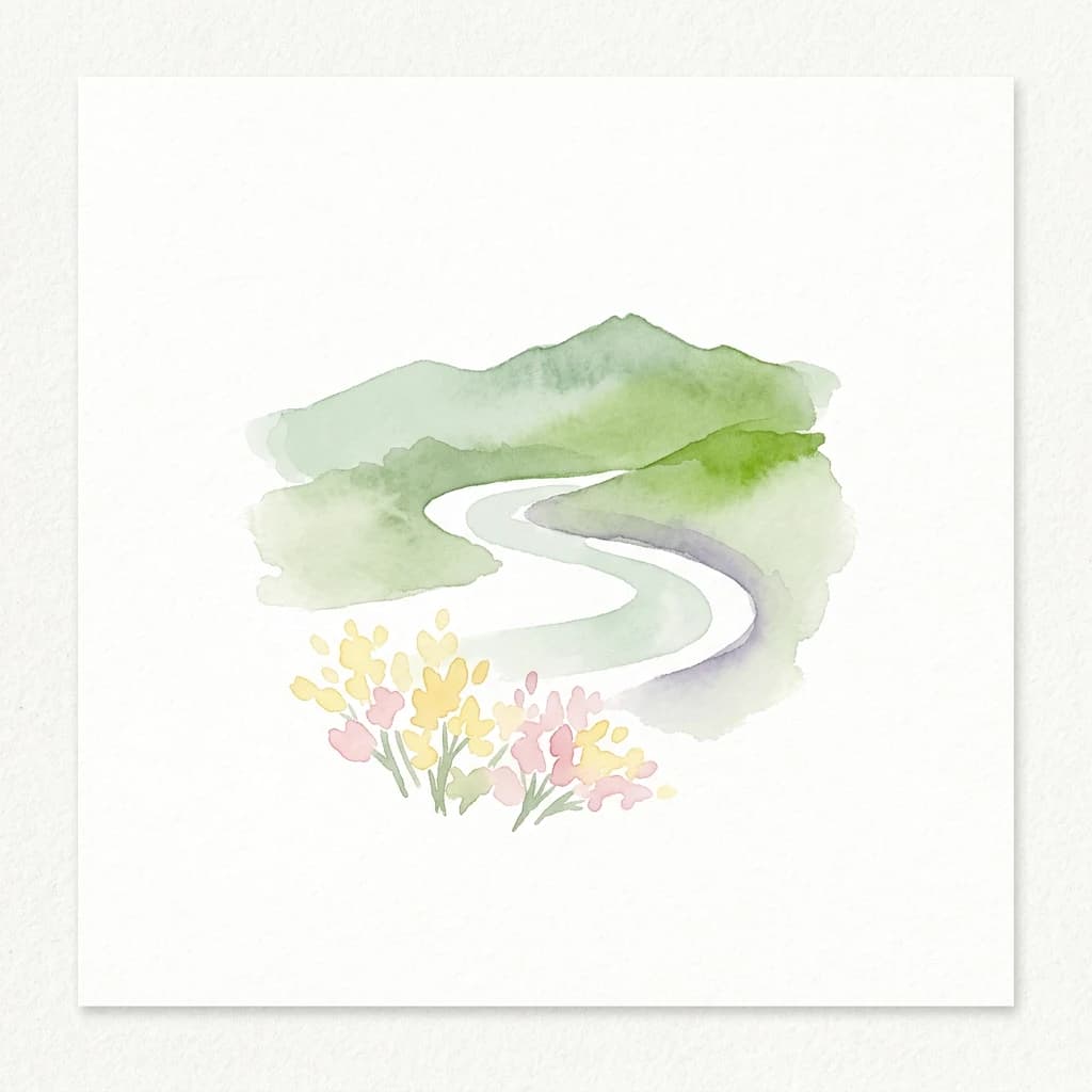 Watercolor painting of a winding road through green mountains and pink yellow wildflowers