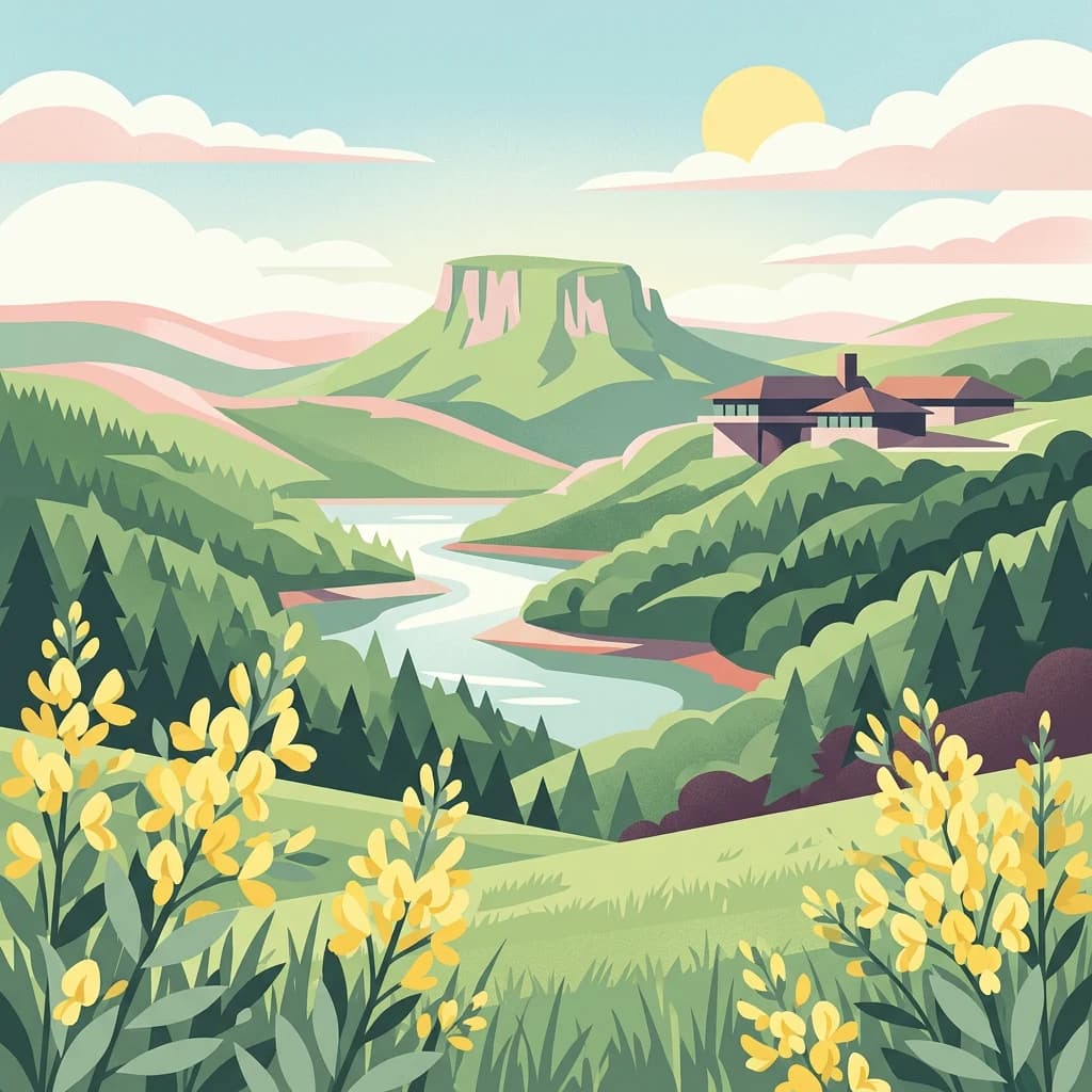 Illustration showing a river valley, hills, forest, yellow flowers in foreground, and a building on a hillside with the sun and clouds in the sky