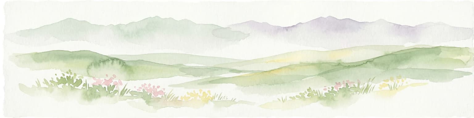 Watercolor illustration of rolling green hills and meadows with patches of pink and yellow flowers