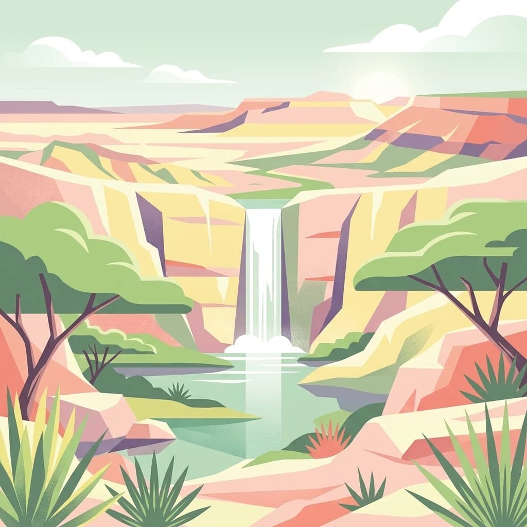 Stylized illustration of a canyon with a waterfall, green trees, and rocky cliffs under a sunny sky