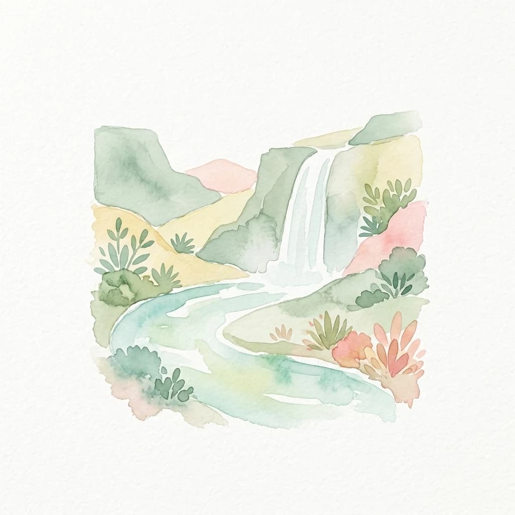 Pintura de acuarela de una cascada que fluye hacia un arroyo con plantas desérticas y terreno rocoso