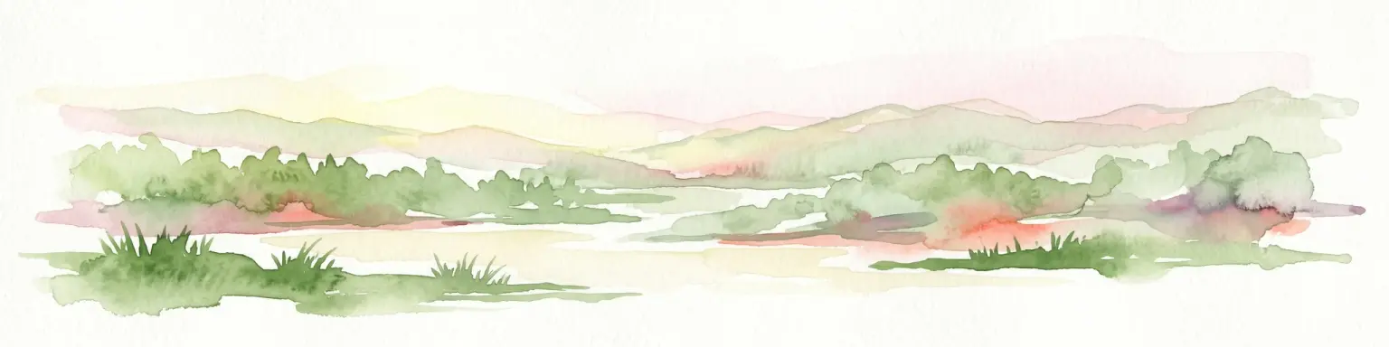 Ilustración de acuarela de un paisaje con vegetación verde, un río y colinas distantes bajo un cielo pálido