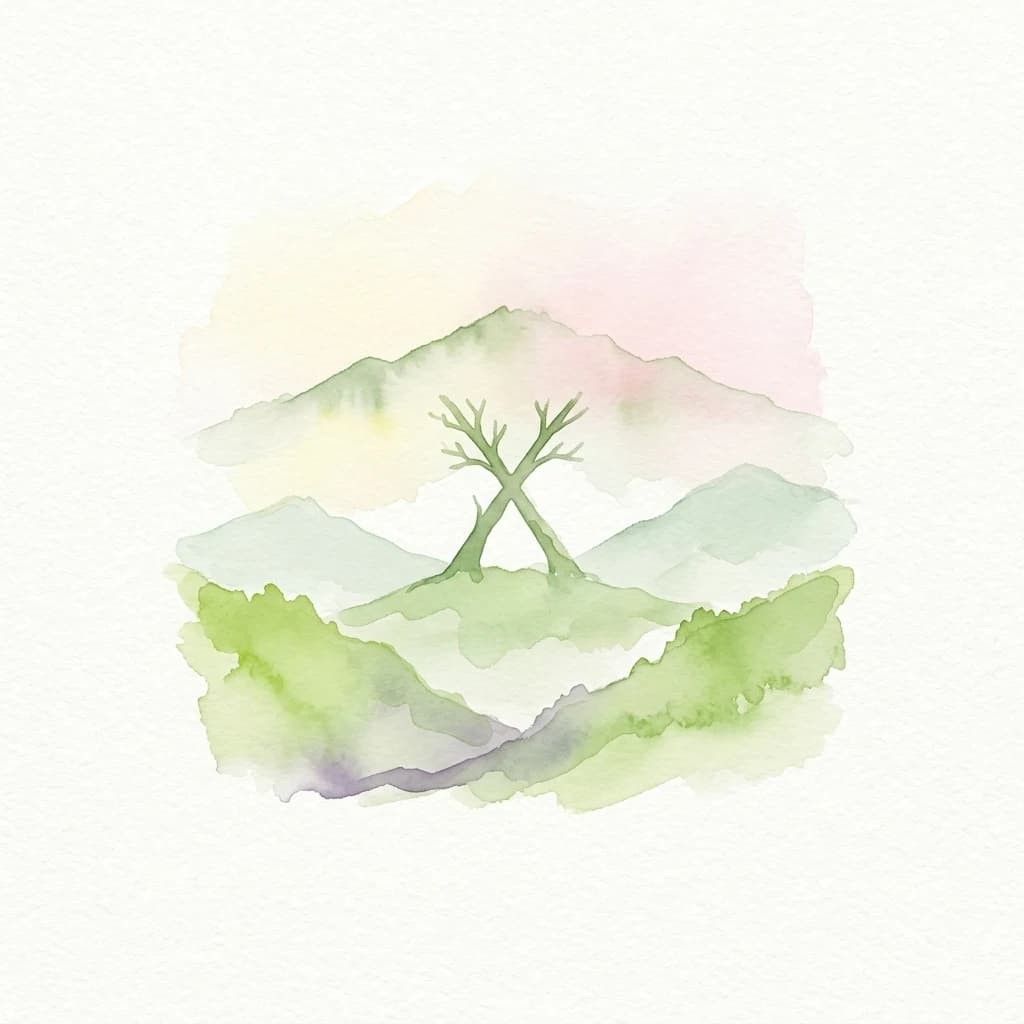 Watercolor painting of green mountains and a tree against a pastel sky