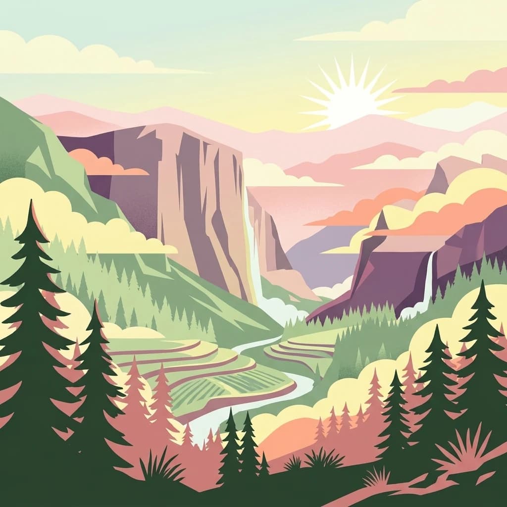 Ilustración estilizada de un paisaje montañoso con río, bosques y cascadas