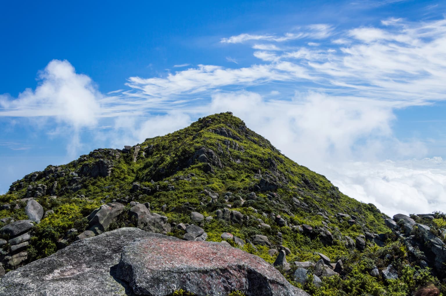 Rocky mountain peak covered in green vegetation under a blue sky with scattered clouds.