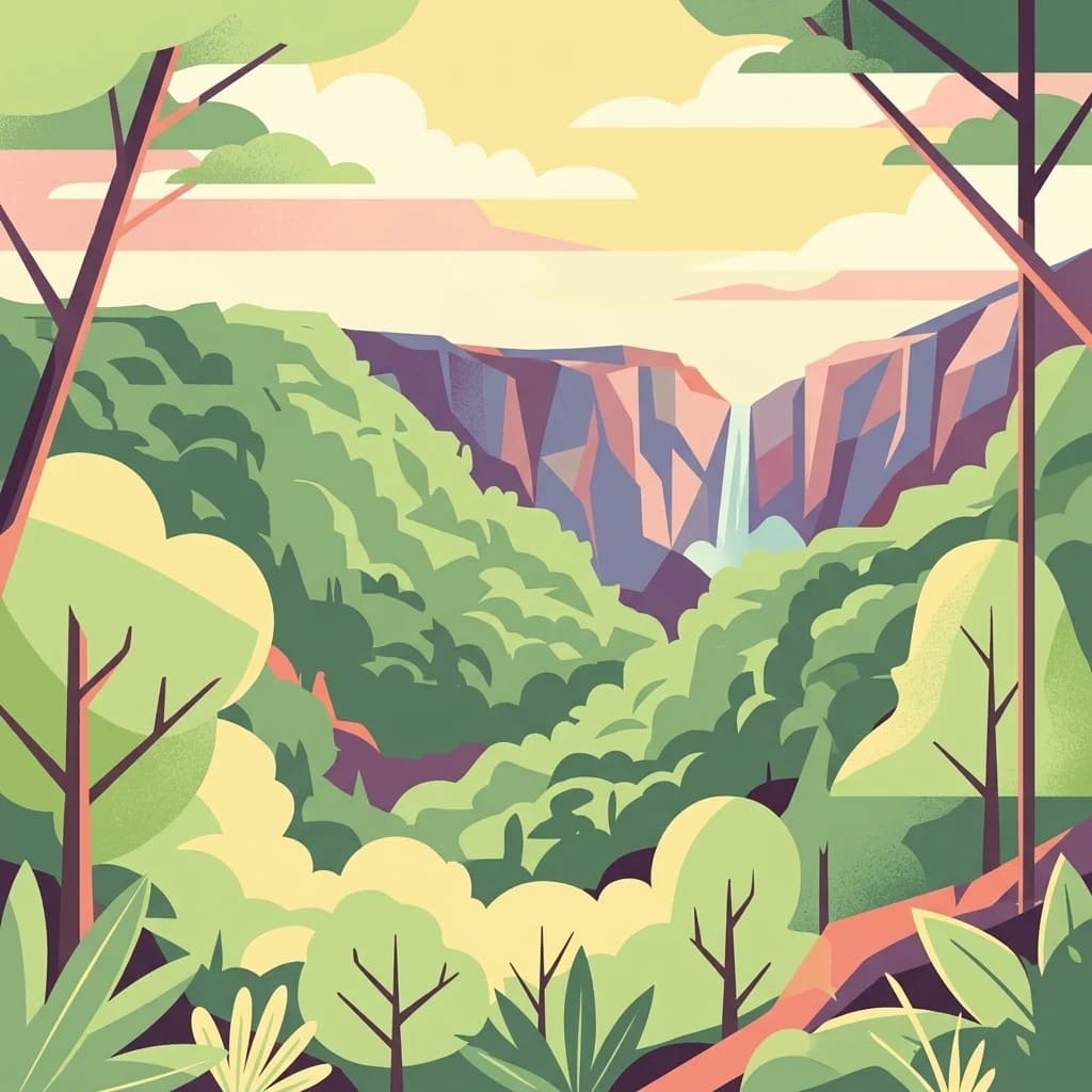Ilustración estilizada de un valle montañoso con cascada, bosque denso y árboles