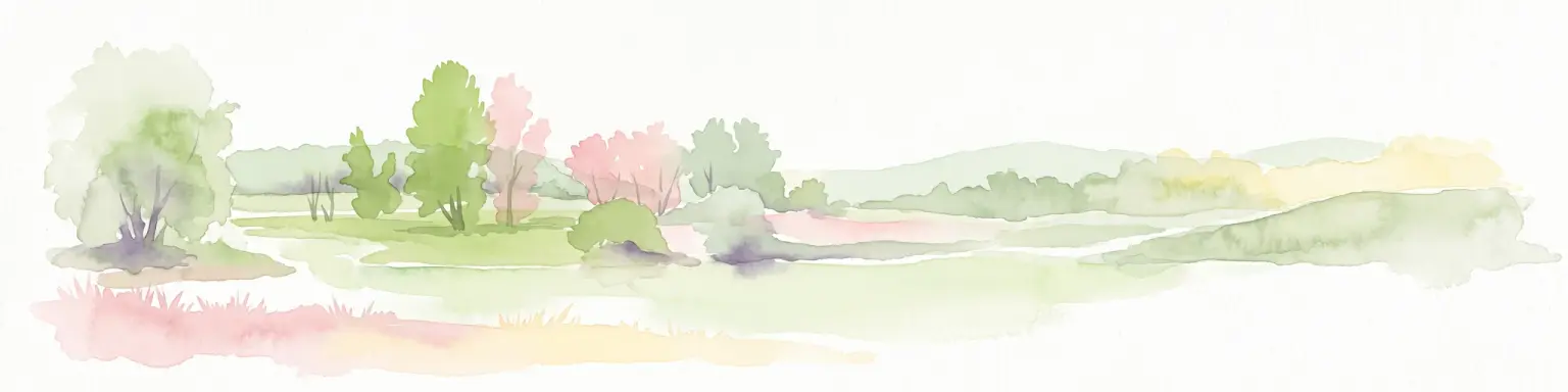 A pale, soft watercolor illustration showing a horizontal landscape of light green trees, shrubs, and rolling grassy plains on a white background.
