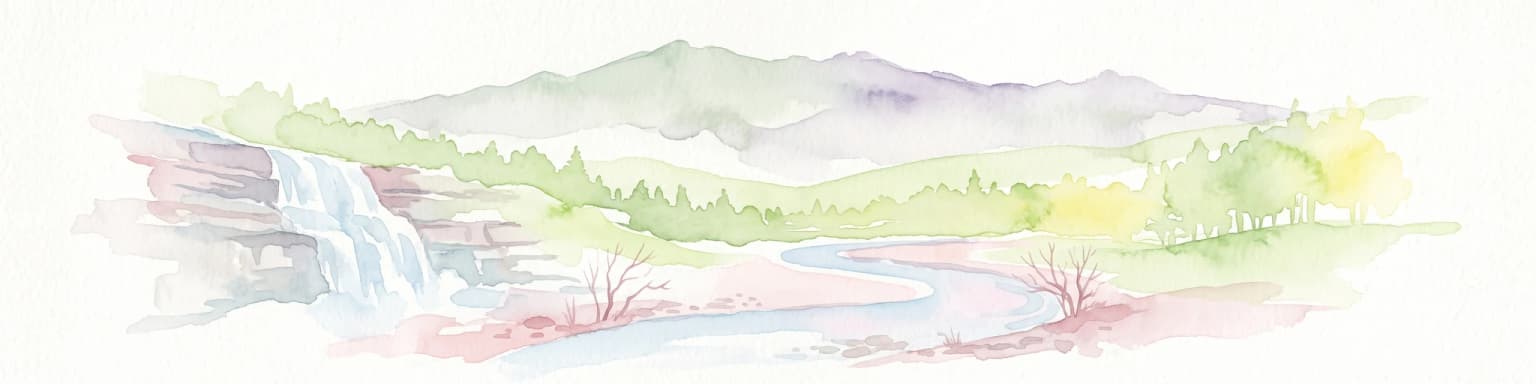 A soft watercolor illustration depicting a winding river, a small waterfall over layered rocks, and distant rolling mountains in muted green, blue, and brown tones.