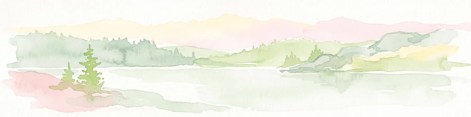 Watercolor painting of a tranquil mountain lake surrounded by pine forests and distant rolling peaks in muted green and pink tones.
