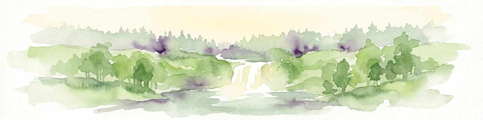 Acuarela de una cascada rodeada de frondosos árboles verdes y bosque.