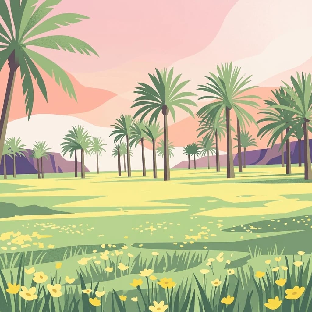 Illustration of palm trees, yellow flowers, and green fields with mountains in the background under a pink sky