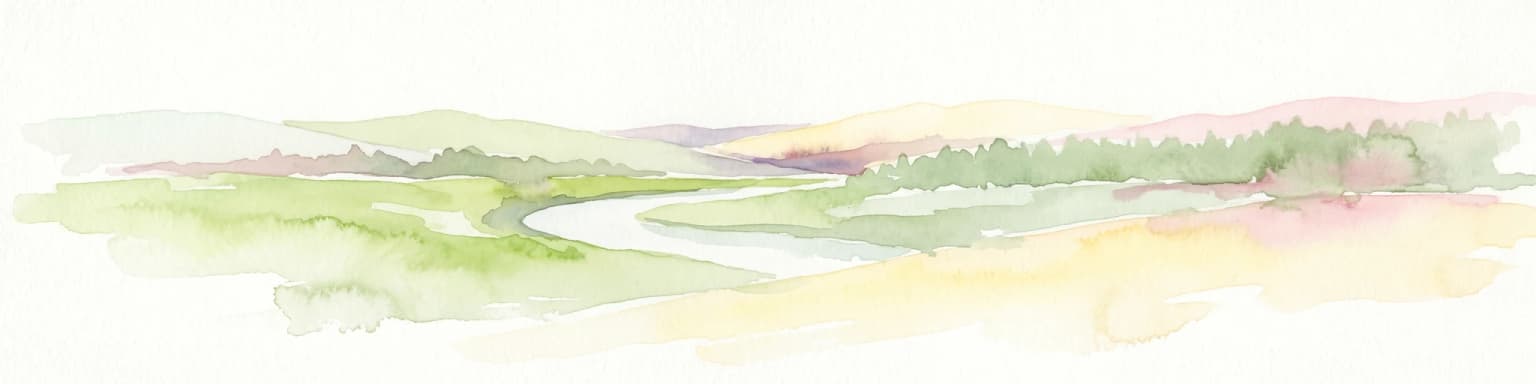 Watercolor illustration showing a winding river through green hills with distant trees under a light sky