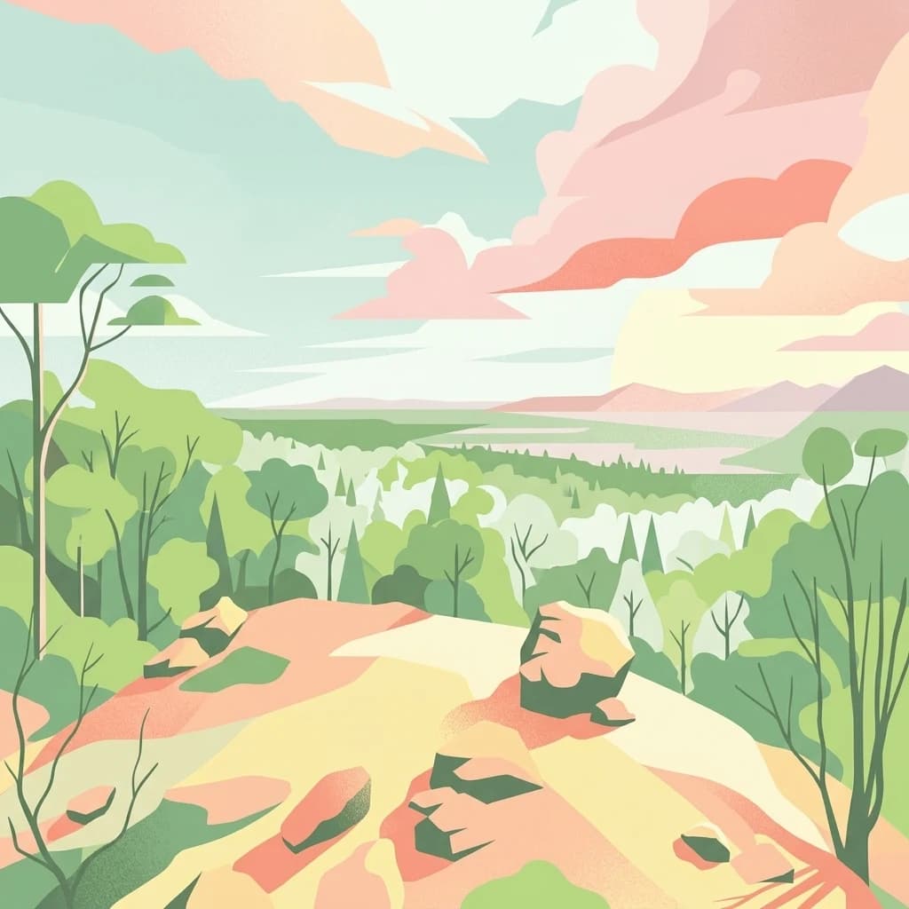 Stylized illustration of a landscape with green trees, rocky hills, and a colorful sky.