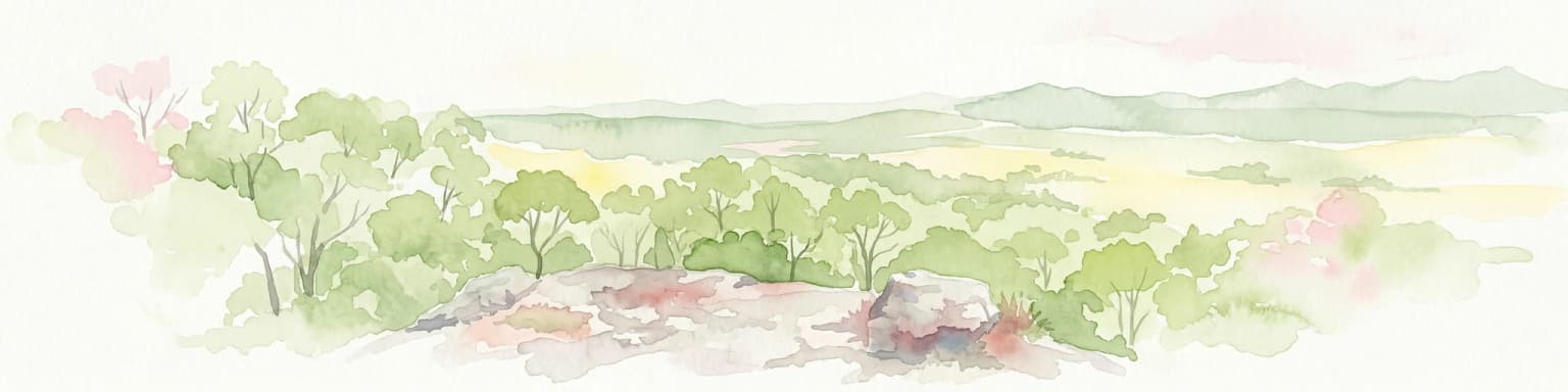 Watercolor illustration showing green trees and distant hills under a pastel sky