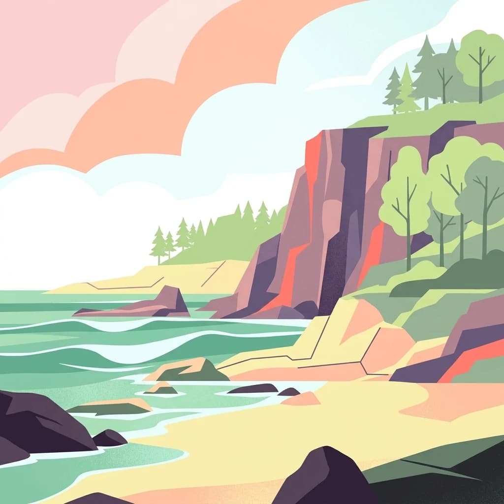 Ilustración estilizada de un paisaje costero con acantilados, playa, agua y árboles