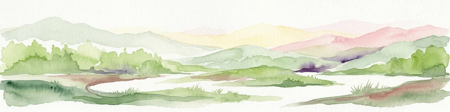 Pintura de acuarela que muestra colinas verdes, valles y montañas distantes