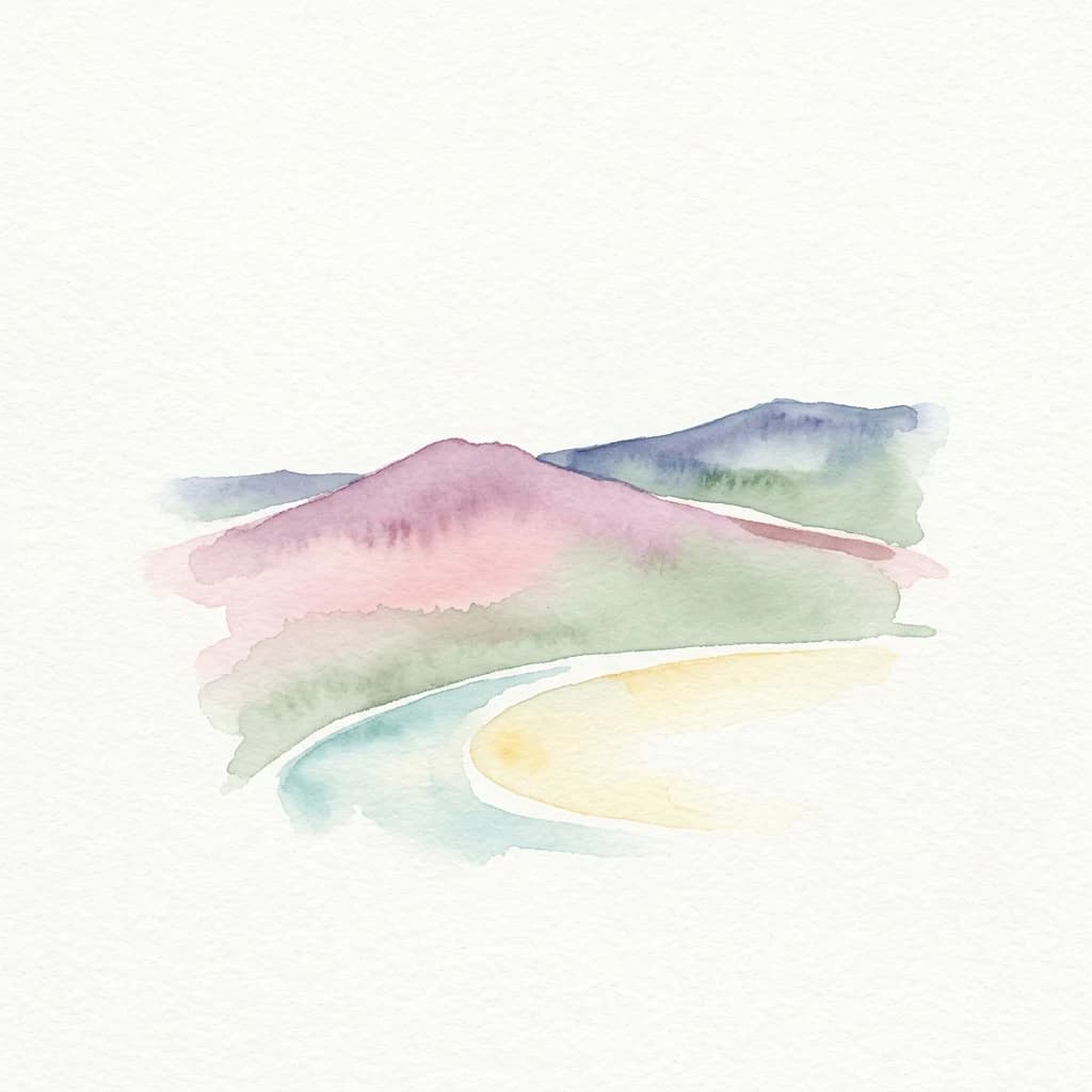 Ilustración en acuarela de una cordillera con un río sinuoso y colinas de colores