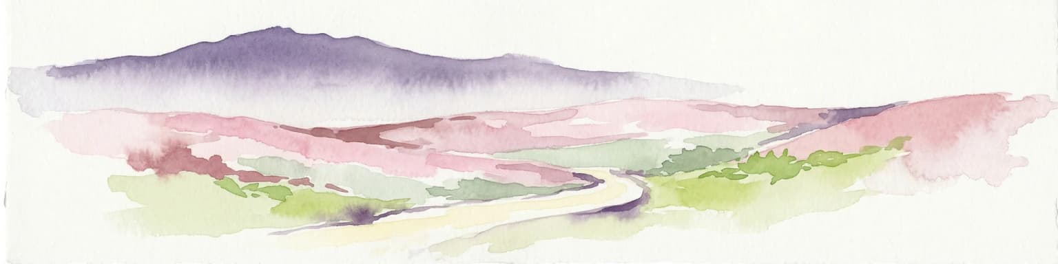 Watercolor painting depicting a landscape with rolling hills, a winding road, and distant mountains