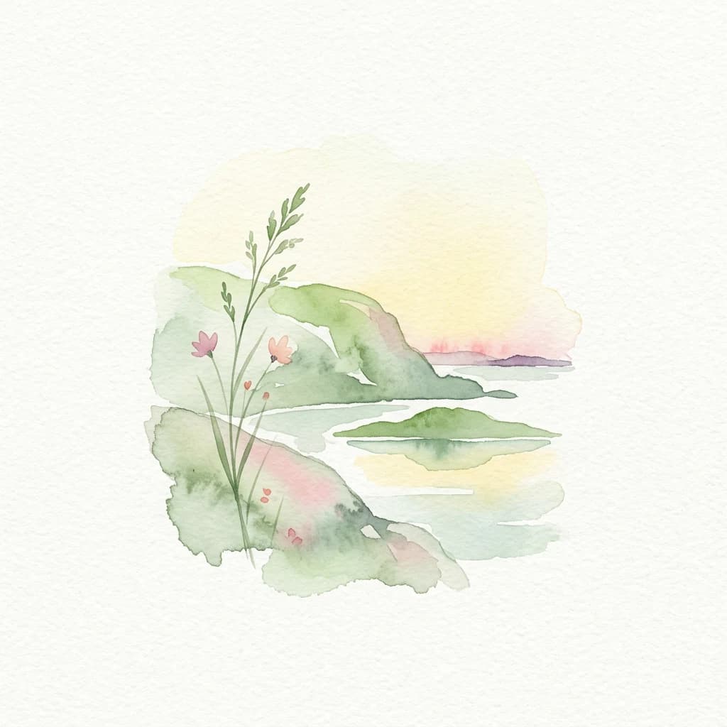 Watercolor painting showing islands, water, green hills, and pink flowers under a sunset sky