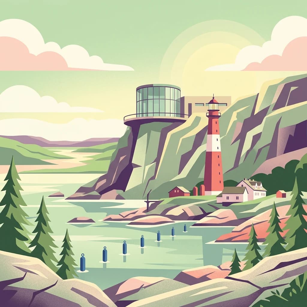 Stylized illustration of a lighthouse on a rocky cliff overlooking a coastal archipelago with small islands, pine trees, and a circular structure