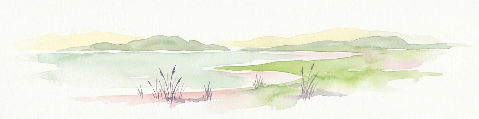 Watercolor illustration of a coastal landscape with reeds in shallow water and distant green hills under a pale yellow sky