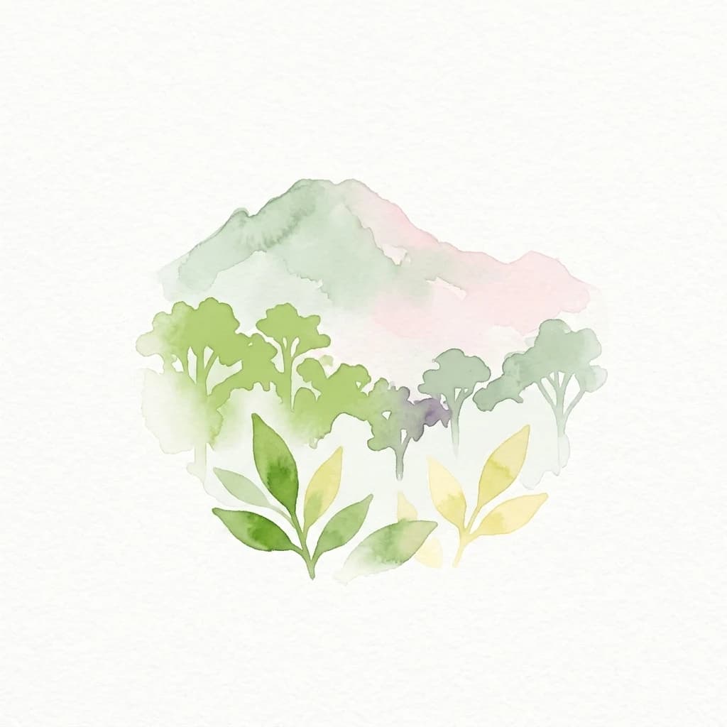 Watercolor illustration showing a mountain range with green and yellow foliage in the foreground