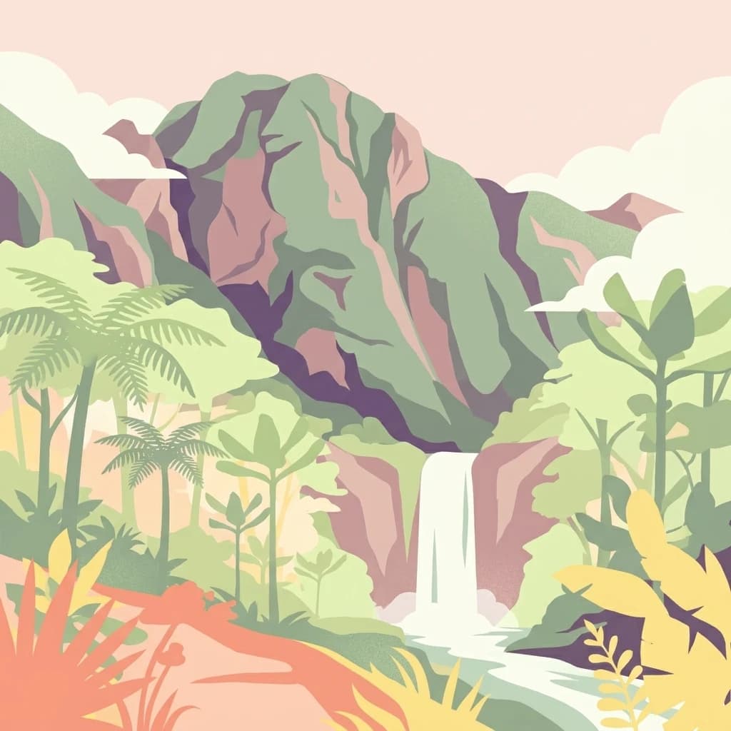 Ilustración estilizada que muestra montañas, una cascada y plantas tropicales en un entorno de parque