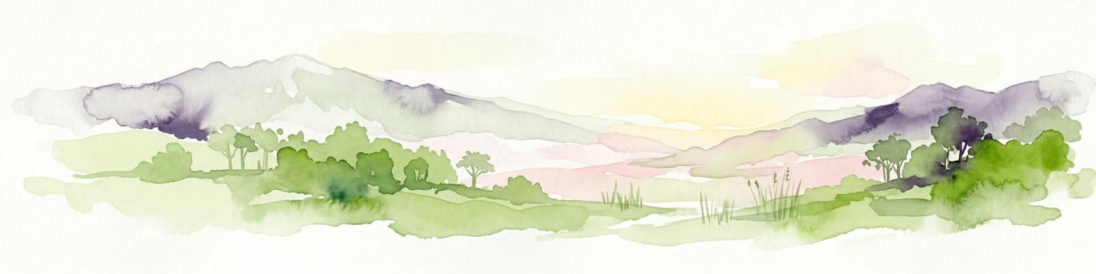Pintura de acuarela de colinas verdes, árboles y montañas distantes bajo un cielo claro