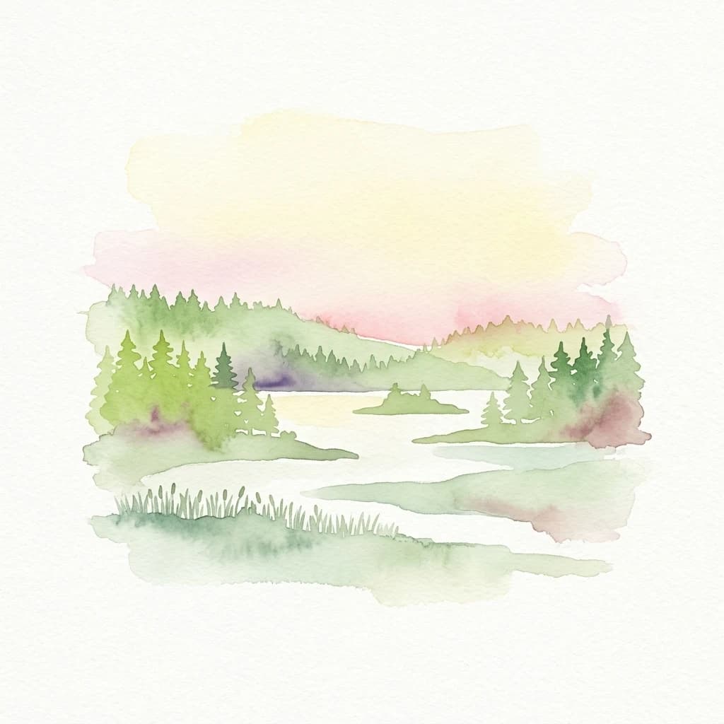 Watercolor illustration depicting a river flowing through green forests with rolling hills and a pastel-colored sky