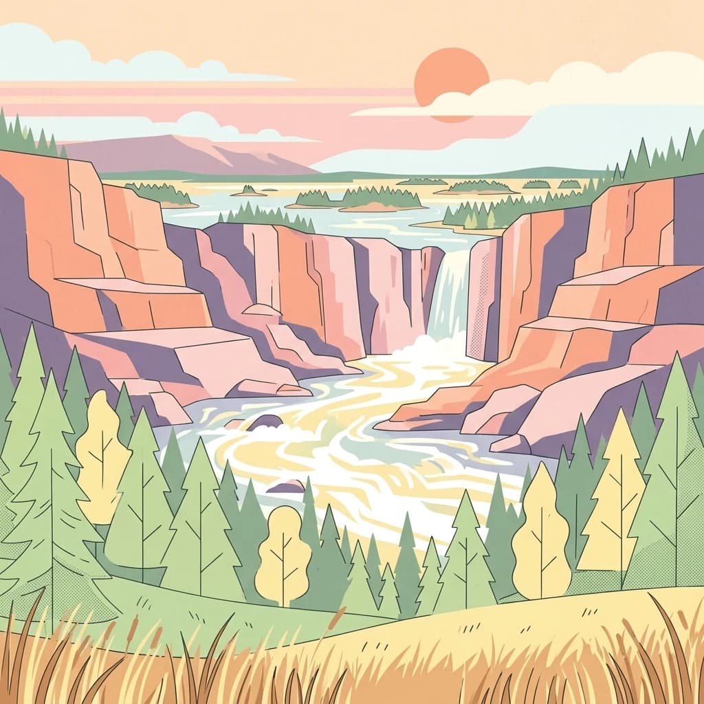 Stylized illustration of a river flowing through rocky cliffs with a waterfall, surrounded by forests and grassy fields under a sunset sky