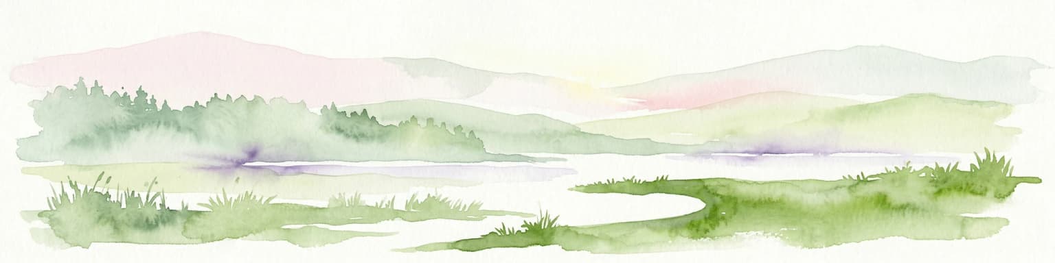 Watercolor illustration of a river flowing through a forested landscape with hills in the background.