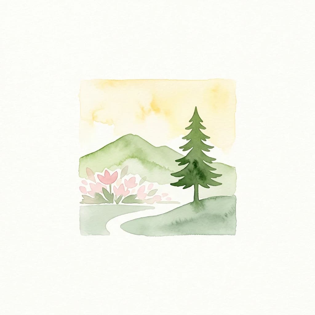 Watercolor illustration showing a winding path, green hills, a tall evergreen tree, pink flowers, and a yellow sky
