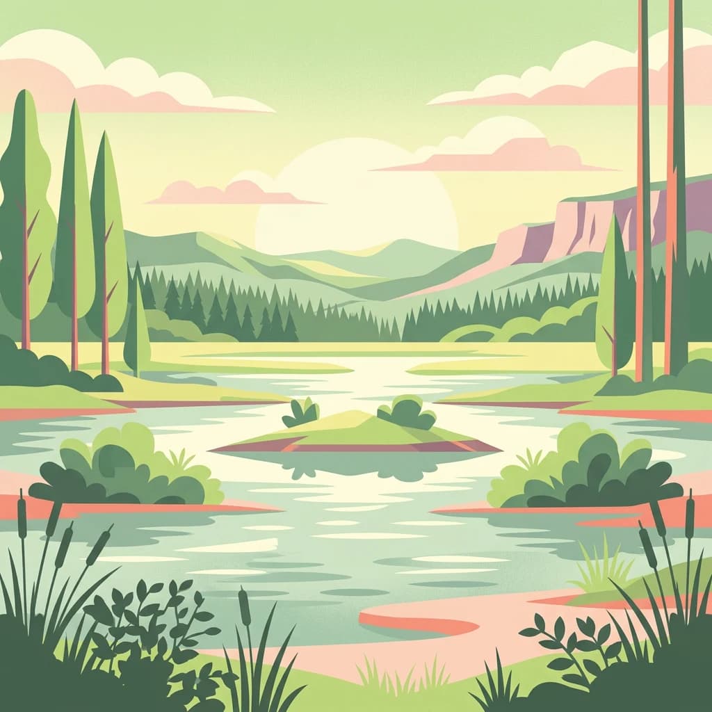 Illustration of a lake with small islands, surrounded by grassy areas and trees, with mountains in the background