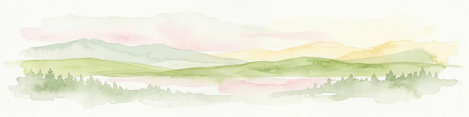 Watercolor illustration of a landscape with green hills, a body of water, and trees under a soft sky
