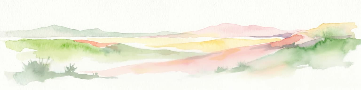 Watercolor painting of a landscape with green valleys, pink and yellow mountain peaks, and distant hills