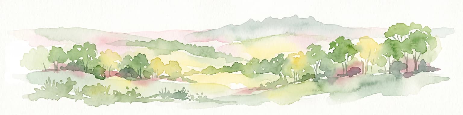 Watercolor painting of a panoramic landscape featuring rolling hills, scattered trees, and soft brushwork depicting a natural forest and scrub environment.