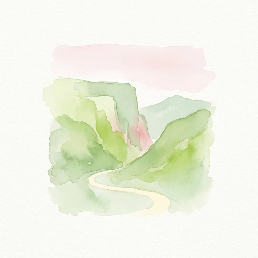 Watercolor illustration of a winding path through green hills with a pink sky