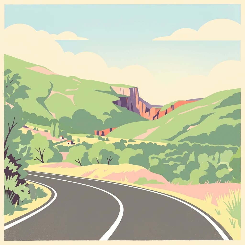 Stylized illustration of a winding road through a green landscape with hills and a rocky cliff formation
