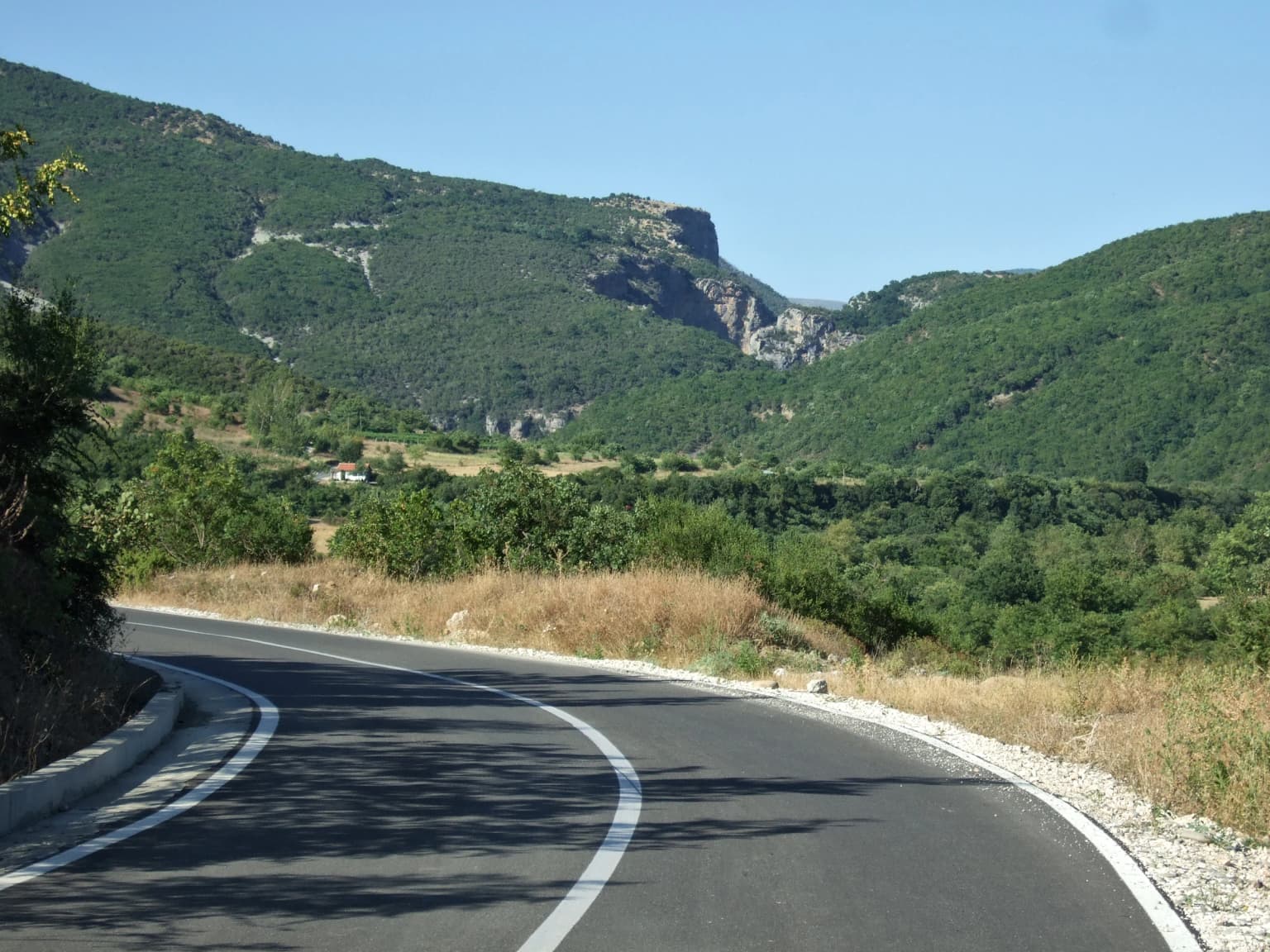 Winding paved road with white lane markings through green mountainous landscape under clear blue sky